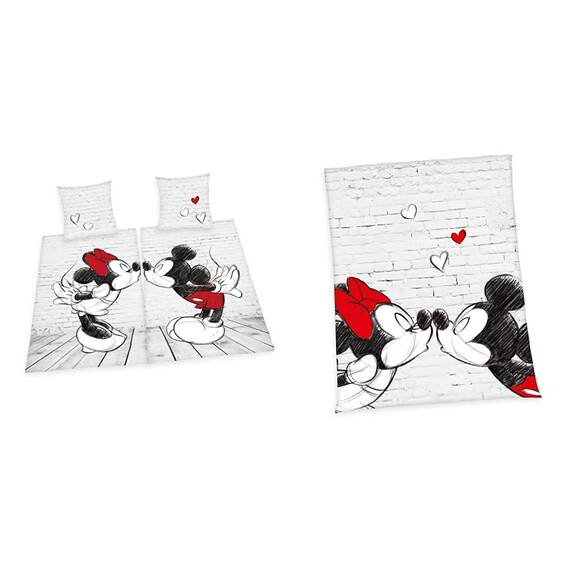 Herding DISNEY MICKEY & MINNIE Partnerbettwäsche-Set, 2 x Bettbezug 135x200 cm, 2 x Kopfkissenbezug 80 x 80 cm, Baumwolle/Renforcé & Disney`s Mickey & Minnie Microfaserflauschdecke, weiß, 150 x 200 cm