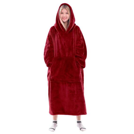Waitu Tragbare Decke Sweatshirt für Damen und Herren, super warm und gemütlich, große Decke, Hoodie, Dicke Flanelldecke mit Ärmeln und riesiger Tasche, Rot