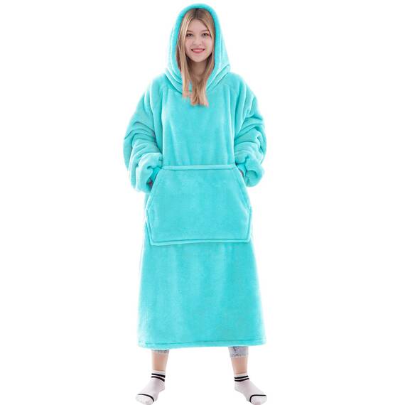 Waitu Wearable Blanket Sweatshirt for Women and Men, Super Warm and Cozy Big Blanket Hoodie, Thick Flannel Blanket with Sleeves and Giant Pocket - Cyan