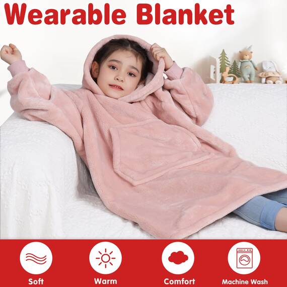 Waitu Tragbare Decke Sweatshirt für Damen und Herren, super warm und gemütlich, große Decke, Hoodie, Dicke Flanelldecke mit Ärmeln und riesiger Tasche – Rosa