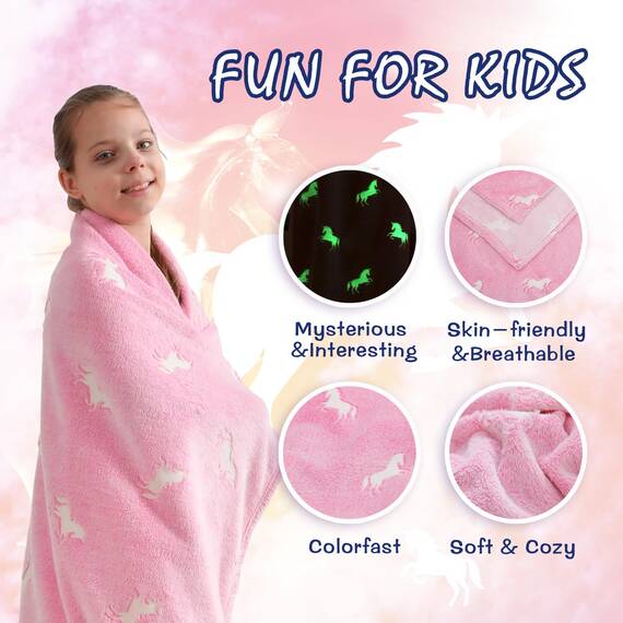 SOCHOW Überwurfdecke, leuchtet im Dunkeln, Einhorn-Muster, weiche, gemütliche Flanell-Fleece-Decke für Mädchen, alle Jahreszeiten, rosa Geschenkdecke für Kinder, 101,6 x 127,7 cm