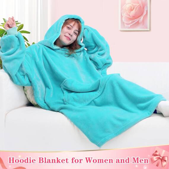 Waitu Wearable Blanket Sweatshirt for Women and Men, Super Warm and Cozy Big Blanket Hoodie, Thick Flannel Blanket with Sleeves and Giant Pocket - Cyan