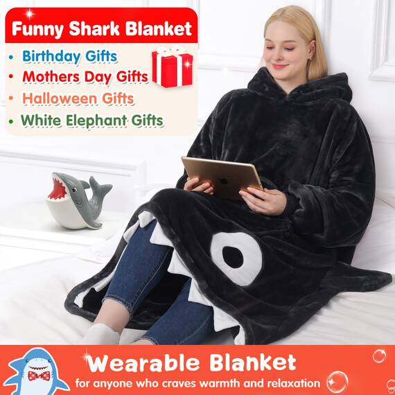 Waitu Hai-Hoodie-Decke für Erwachsene - Tragbare Kapuzendecke Mit Ärmeln - Lustiges Geschenk für Damen und Herren - Hai-Liebhaber
