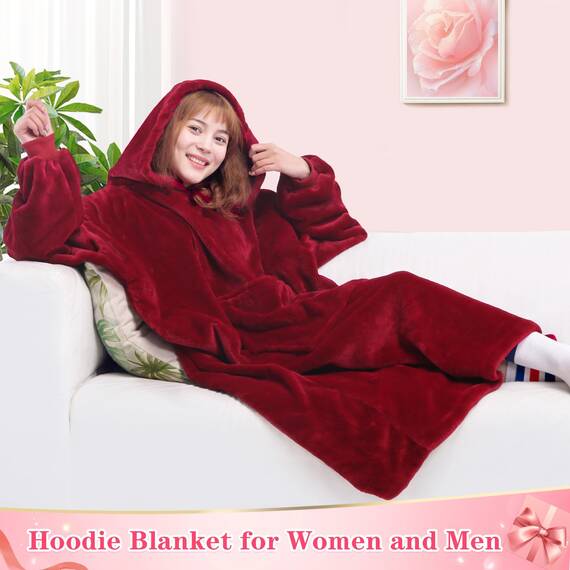 Waitu Tragbare Decke Sweatshirt für Damen und Herren, super warm und gemütlich, große Decke, Hoodie, Dicke Flanelldecke mit Ärmeln und riesiger Tasche, Rot