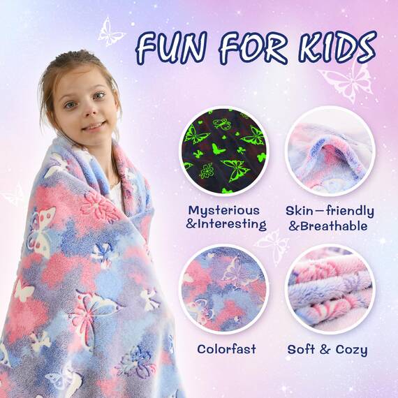 SOCHOW Glühen im Dunkeln Decke 127 x 150 cm, Schmetterling Muster Flanell Fleecedecke, Violett Ganzjahresdecke für Kinder