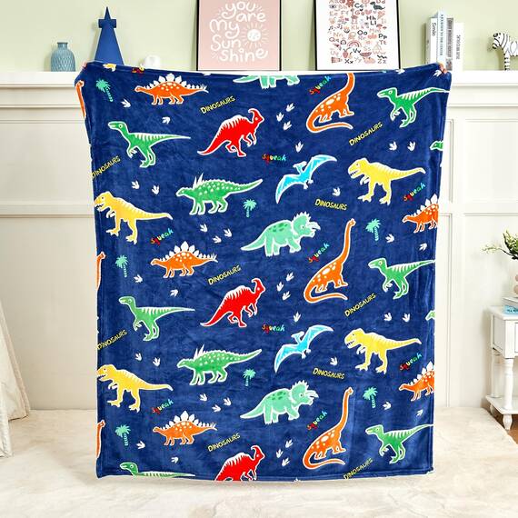 SOCHOW Glühen im Dunkeln Decke 127 x 150 cm, Jurassic Dinosaurier Muster Flanell Fleecedecke, Dunkelblau Ganzjahresdecke für Kinder