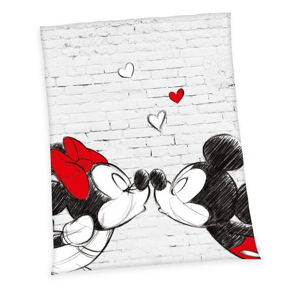 Herding DISNEY MICKEY & MINNIE Partnerbettwäsche-Set, 2 x Bettbezug 135x200 cm, 2 x Kopfkissenbezug 80 x 80 cm, Baumwolle/Renforcé & Disney`s Mickey & Minnie Microfaserflauschdecke, weiß, 150 x 200 cm
