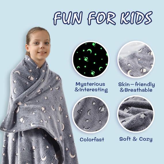 SOCHOW Glühen im Dunkeln Decke 127 x 150 cm, Galaxie Sterne Muster Flanell Fleecedecke, Grau Ganzjahresdecke für Kinder