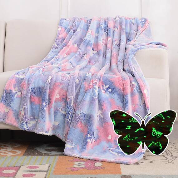 SOCHOW Glühen im Dunkeln Decke 127 x 150 cm, Schmetterling Muster Flanell Fleecedecke, Violett Ganzjahresdecke für Kinder