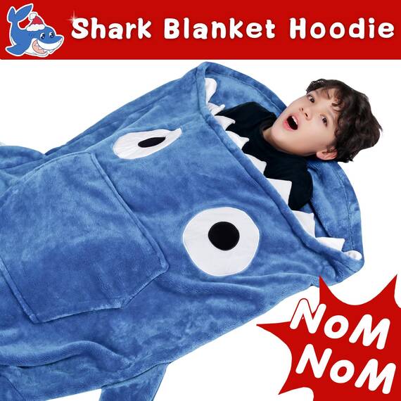 Waitu Shark Hoodie Decke für Erwachsene - Wearable Blanket Hoodie für Frauen und Männer, Lustige Decke mit Ärmeln, Kapuzendecke Hai Geschenk, Blau