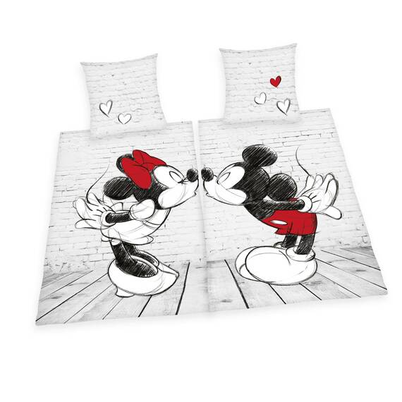 Herding DISNEY MICKEY & MINNIE Partnerbettwäsche-Set, 2 x Bettbezug 135x200 cm, 2 x Kopfkissenbezug 80 x 80 cm, Baumwolle/Renforcé & Disney`s Mickey & Minnie Microfaserflauschdecke, weiß, 150 x 200 cm