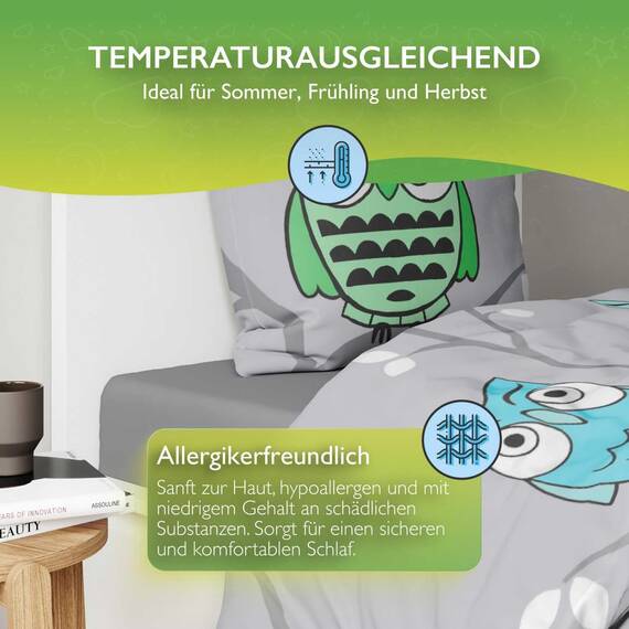 ETÉREA Kissenbezug 80x80cm - 100% Baumwolle - Pflegeleichter Kissenbezug Eule Grau natürlich weich - Kopfkissenbezug 80x80cm 100% Baumwolle - Kissenbezug mit Reißverschluss - OEKOTEX - Made in Green