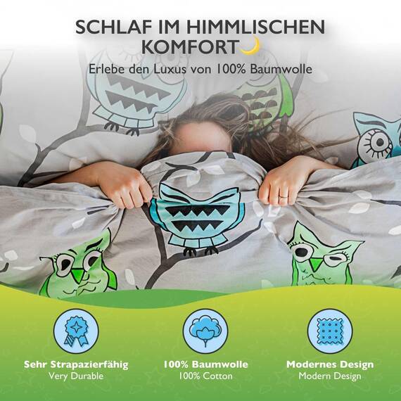 ETÉREA Kissenbezug 80x80cm - 100% Baumwolle - Pflegeleichter Kissenbezug Eule Grau natürlich weich - Kopfkissenbezug 80x80cm 100% Baumwolle - Kissenbezug mit Reißverschluss - OEKOTEX - Made in Green