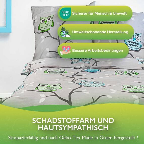 ETÉREA Kissenbezug 80x80cm - 100% Baumwolle - Pflegeleichter Kissenbezug Eule Grau natürlich weich - Kopfkissenbezug 80x80cm 100% Baumwolle - Kissenbezug mit Reißverschluss - OEKOTEX - Made in Green