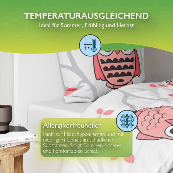 ETÉREA Kissenbezug 40x40cm - 100% Baumwolle - Pflegeleichter Kissenbezug Eule Weiss natürlich weich - Kopfkissenbezug 40x40cm 100% Baumwolle - Kissenbezug mit Reißverschluss - OEKOTEX - Made in Green