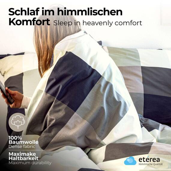 etérea Bettwäsche 135x200 Baumwolle 4tlg. Bettwäsche-Sets - Rian Karo Schwarz - Reißverschluss, Renforcé, Fachhandel,Oekotex Made in Green - 135x200cm und Kissenbezug 80x80cm