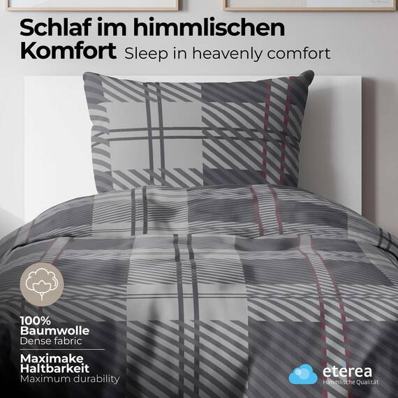 etérea Bettwäsche 135x200 Baumwolle 4tlg. Bettwäsche-Sets - Blockberry Karo Grau - Reißverschluss, Renforcé, Fachhandel,Oekotex Made in Green - 135x200cm und Kissenbezug 80x80cm