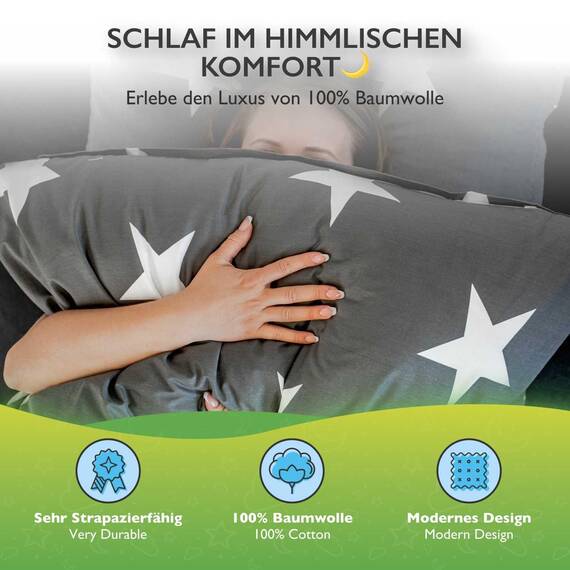 ETÉREA Renforcé Bettwäsche 140x200cm + 70x90cm - 100% Baumwolle - Bettbezug Sterne natürlich weich - Bettwäsche Set mit Kissen 140x200cm Bettbezug + 70x90cm Kissenbezug 2teilig - Made in Green - Grau