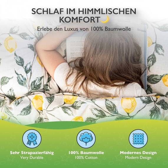 etérea Bettwäsche 135x200 Baumwolle Bettwäsche-Sets - Lemon Weiß - Reißverschluss, Renforcé, Fachhandel,Oekotex Made in Green - 135x200cm und Kissenbezug 80x80cm