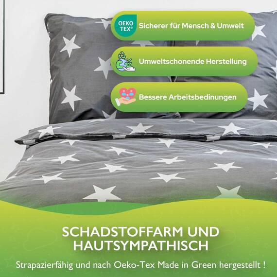 ETÉREA Renforcé Bettwäsche 140x200cm + 70x90cm - 100% Baumwolle - Bettbezug Sterne natürlich weich - Bettwäsche Set mit Kissen 140x200cm Bettbezug + 70x90cm Kissenbezug 2teilig - Made in Green - Grau