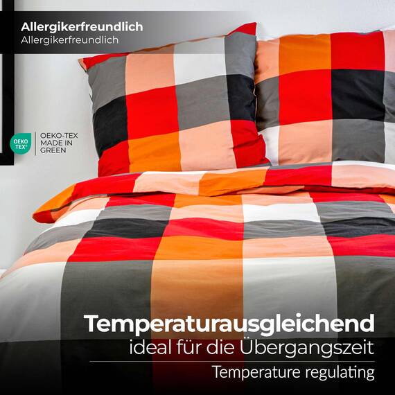 etérea Kissenbezug 80x80 Baumwolle - Pflegeleichter Bezug - Rian Kariert Orange - natürlich weich - Kopfkissenbezug 80x80cm, 1 Stück