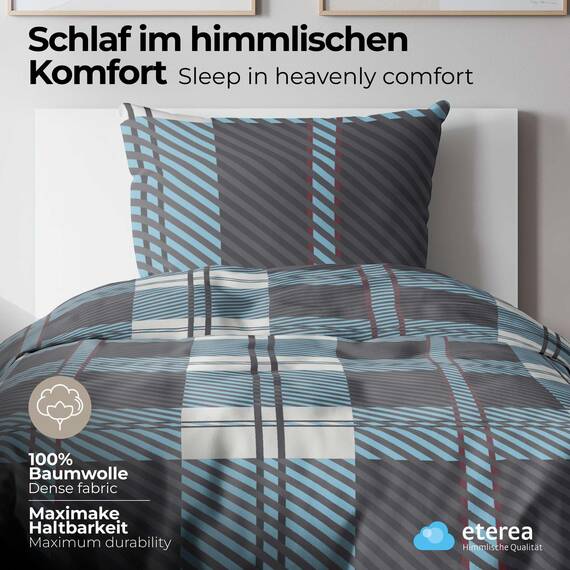 etérea Bettwäsche 200x200 Baumwolle Bettwäsche-Sets - Blockberry Hellblau Orange - Reißverschluss, Renforcé, Fachhandel, Oekotex 100, Oekotex Made in Green - 200x200cm und Kissenbezug 2X 80x80cm