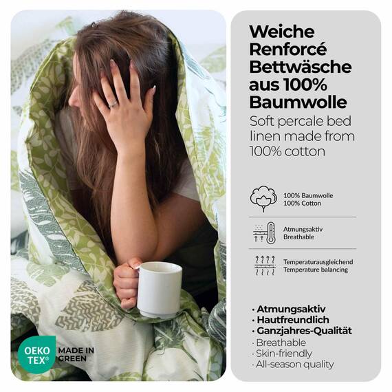 etérea Bettwäsche 200x200 Baumwolle Philou Federn Grün - Oekotex Made in Green - 100% Baumwolle natürlich weich - 3 TLG. Bettwäsche Set 200x200cm + 2X 80x80cm Kissenbezug - Grün