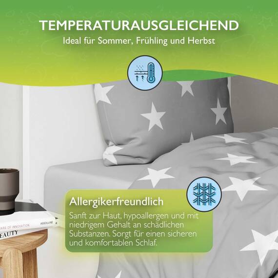 ETÉREA Renforcé Bettwäsche 200x220cm + 2X 80x80cm - 100% Baumwolle Bettbezug Sterne natürlich weich - Bettwäsche mit Kissen 200x220cm Bettbezug + 2X 80x80cm Kissenbezug 3teilig - Made in Green - Grau