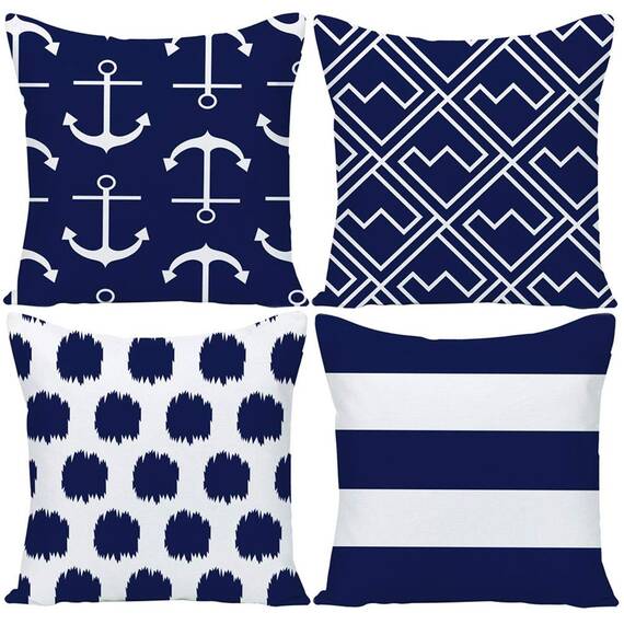 Marineblau, nautische Anker-Kissenbezüge, 45.7x45.7 cm, 4er-Set, Wilproo geometrische blaue Punkte, Kissenbezug, quadratischer Kissenbezug, Baumwoll-Leinen, Outdoor für Sofa, Terrasse, Heimdekoration