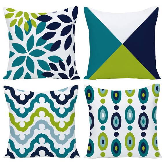 Wilproo Decorative Green Blue Abstract Throw Pillow Covers 16x16 Inch Set of 4, Geometric Cotton Linen Outdoor Cushion Cover Square Pillowcase for Car Sofa Couch Home Decor