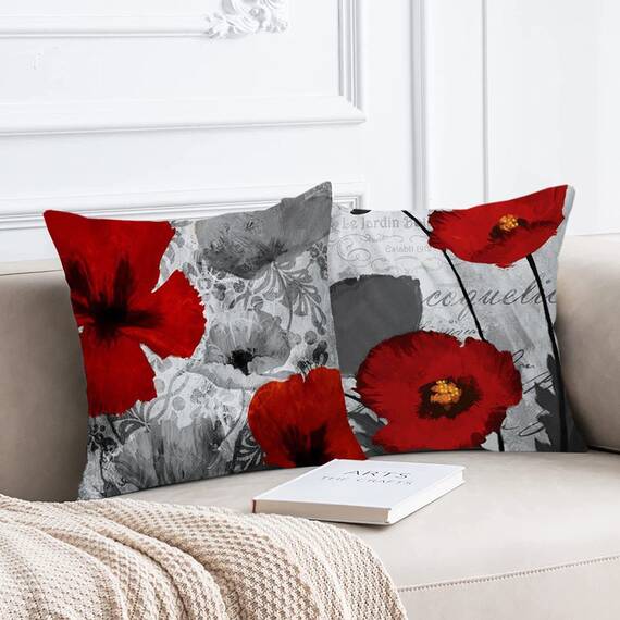 Wilproo Black Red Flower Pillow Covers Love Pillow Covers Decorative Linen Square Throw Pillow Covers Couple Cushion Cases Home Decor for Sofa Bedroom Car 18x18 Inch