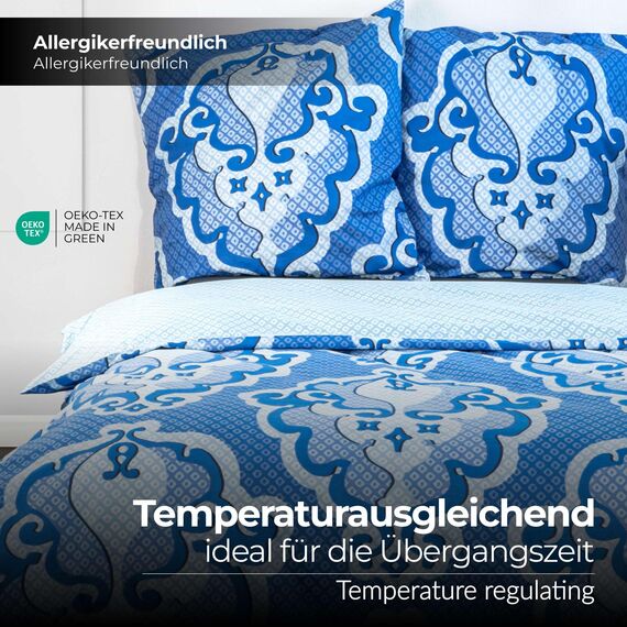 etérea Bettwäsche 200x200 Baumwolle Bettwäsche-Sets - Trisa Blau Orange - Reißverschluss, Renforcé, Fachhandel, Oekotex 100, Oekotex Made in Green - 200x200cm und Kissenbezug 2X 80x80cm