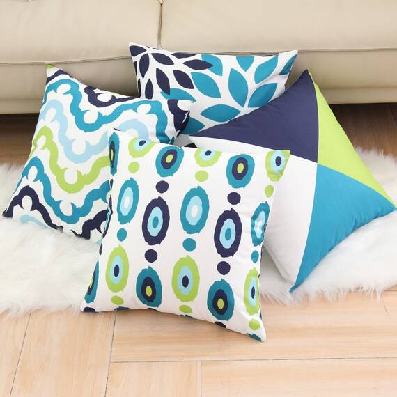 Wilproo Decorative Green Blue Abstract Throw Pillow Covers 16x16 Inch Set of 4, Geometric Cotton Linen Outdoor Cushion Cover Square Pillowcase for Car Sofa Couch Home Decor