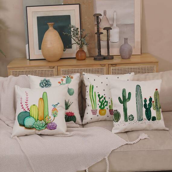Dekorativer Kissenbezug mit tropischem Kaktus, 45,7 x 45,7 cm, 4 Stück, grüne Pflanzen, Baumwolle, Leinen, Jute, quadratisch, Outdoor-Kissenbezug, Kissenbezug für Couch, Auto, Sofa, Bett, Dekoration