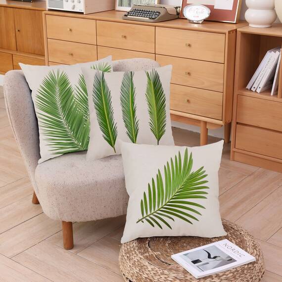 Wilproo Kissenbezüge mit tropischen Palmenblättern, dekorativ, für Sommer, Outdoor, dekorativ, grüne Blätter, quadratisch, Leinen, Kissenbezüge für Sofa, Couch, Auto, Wohnzimmer, 40,6 x 40,6 cm, 4