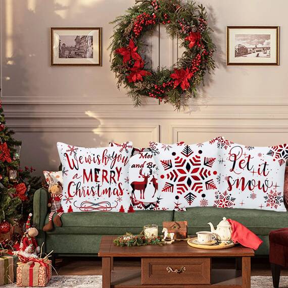 Wilproo Set of 4 Merry Christmas Deer Snowflake Pine Tree Castle Sled Forest Pattern Red Cotton Linen Square Throw Waist Pillow Case Decorative Cushion Cover Pillowcase Sofa 18x18 inches
