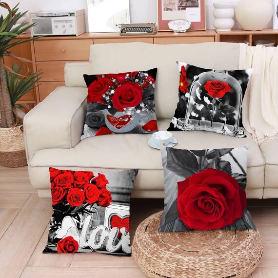 Wilproo Zierkissenbezüge mit schwarzer roter Rose, Frühlingsblumentext, Liebe, Valentinstag, dekorativ, quadratisch, 45,7 x 45,7 cm, 4 Stück, für Sofa, Schlafzimmer, Wohnzimmer, Dekoration, Geschenk