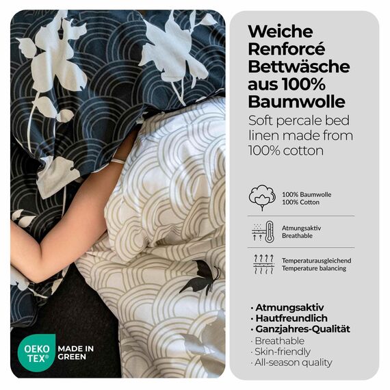 etérea Bettwäsche 200x200 Baumwolle Bettwäsche-Sets - Osaka Grau Schmetterlinge - Reißverschluss, Renforcé, Fachhandel, Oekotex 100, Oekotex Made in Green - 200x200cm und Kissenbezug 2X 80x80cm