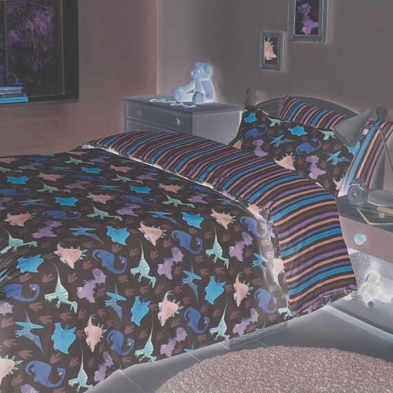 Dreamscene Dinosaurier-Bettbezug mit Kissenbezug, Bettwäsche-Set für Jungen und Mädchen, Dino, wendbar, gestreift, Grün-Weiß – Junior-/Kinderbettgröße
