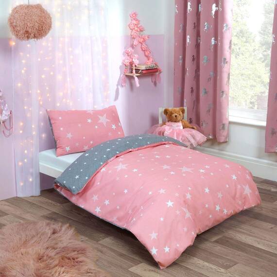 DREAMSCENE Wende-Bettwäsche-Set, Galaxie-Sterne, Bettbezug mit Kissenbezug, für Kinder, Kleinkind, Wendebettwäsche, Blush Pink Grau, Junior/Cot