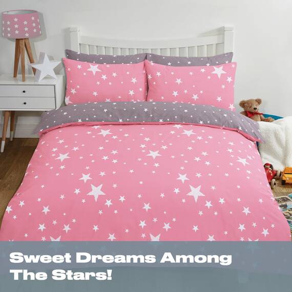 DREAMSCENE Wende-Bettwäsche-Set, Galaxie-Sterne, Bettbezug mit Kissenbezug, für Kinder, Kleinkind, Wendebettwäsche, Blush Pink Grau, Junior/Cot
