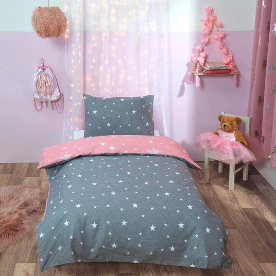 DREAMSCENE Wende-Bettwäsche-Set, Galaxie-Sterne, Bettbezug mit Kissenbezug, für Kinder, Kleinkind, Wendebettwäsche, Blush Pink Grau, Junior/Cot
