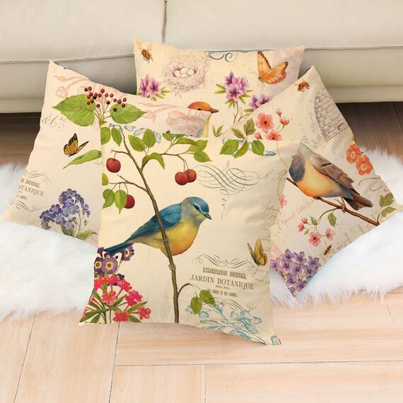 Wilproo Dekorativer Kissenbezug für den Außenbereich, Vogel-Blume, beidseitig bedruckt, Frühlingskissen, Baumwollleinen, 50,8 x 50,8 cm, 4 Stück