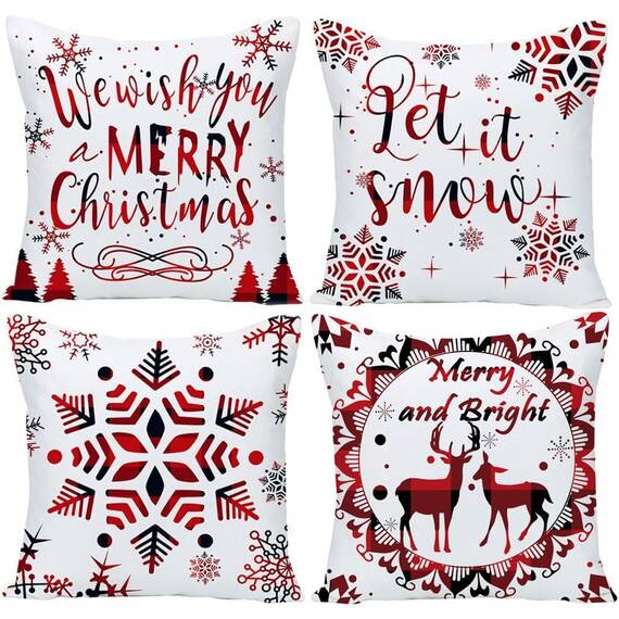 Wilproo Set of 4 Merry Christmas Deer Snowflake Pine Tree Castle Sled Forest Pattern Red Cotton Linen Square Throw Waist Pillow Case Decorative Cushion Cover for Couch Sofa 20x20 inches