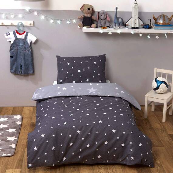 DREAMSCENE Bettbezug mit Kissenbezug - Bettwäsche-Set mit Galaxie-Sternen-Print, Wendbar, Silbergrau - Junior/Babybett-Größe