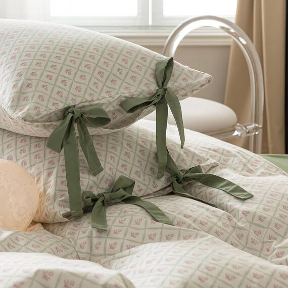AOJIM Bettwäsche-Set aus reiner Baumwolle, 3-teiliges Set mit 1 weichen Bettbezug und 2 Kissenbezügen mit Schleife, für großes Doppelbett (Full Size), für Kinder und Erwachsene, Rosa, Blumenmotiv,