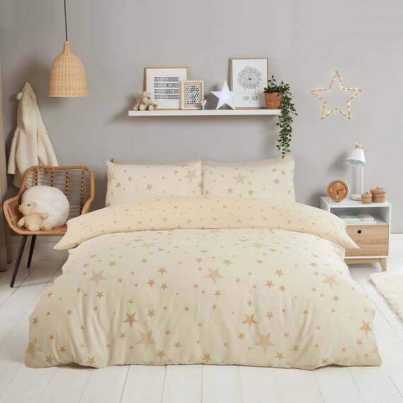 DREAMSCENE Galaxy Stars Bettbezug mit Kissenbezug, wendbar, natürlich, cremefarben, goldfarben, Sterne, Bettwäsche-Set, Creme – Junior, DDHSSTRCR00