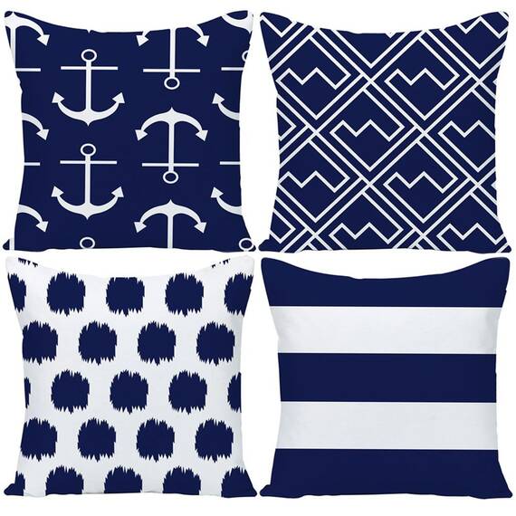 Wilproo Kissenbezug mit geometrischen blauen Punkten, marineblau, nautische Anker, 50,8 x 50,8 cm, Set mit 4 quadratischen Kissenbezügen, Baumwollleinen, Outdoor, für Sofa, Couch, Terrasse,