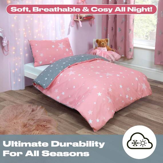 DREAMSCENE Wende-Bettwäsche-Set, Galaxie-Sterne, Bettbezug mit Kissenbezug, für Kinder, Kleinkind, Wendebettwäsche, Blush Pink Grau, Junior/Cot
