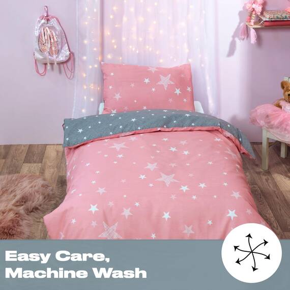 DREAMSCENE Wende-Bettwäsche-Set, Galaxie-Sterne, Bettbezug mit Kissenbezug, für Kinder, Kleinkind, Wendebettwäsche, Blush Pink Grau, Junior/Cot